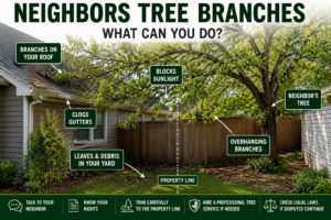 Neighbor's tree branches causing problems? Discover what homeowners can legally do about overhanging branches, property line disputes, roof damage, falling limbs, and tree maintenance. Get expert tree trimming solutions from AAA Tree Service—trusted for over 27 years.